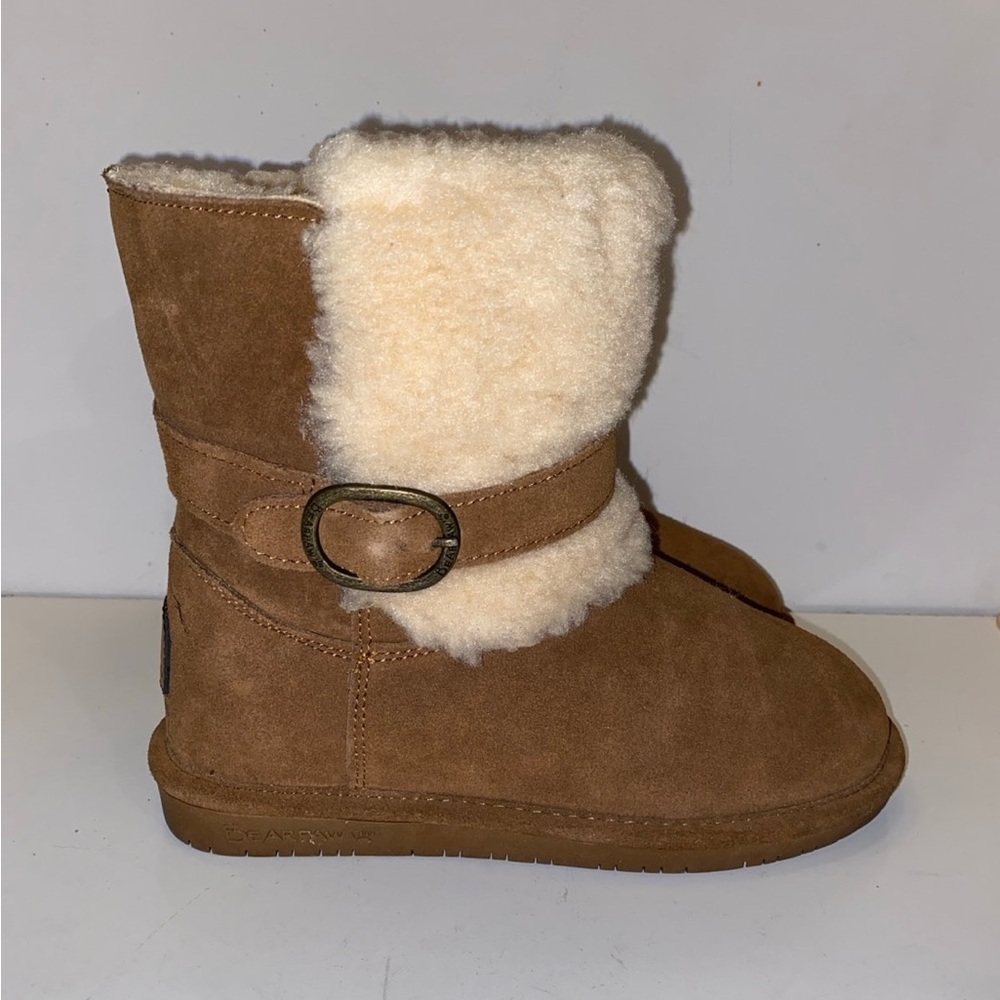 BearPaw. Brown Millie Suede Leather Buckle Sheep Skin Footbed Lining Boots